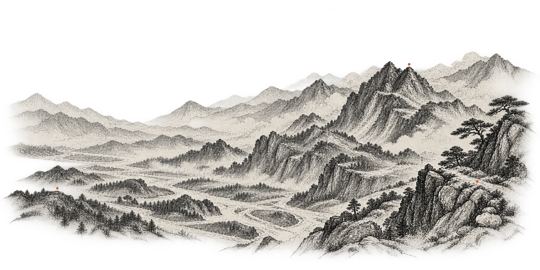 Hand-inked survey landscape of layered mountains, valleys and subtle plotted marks
