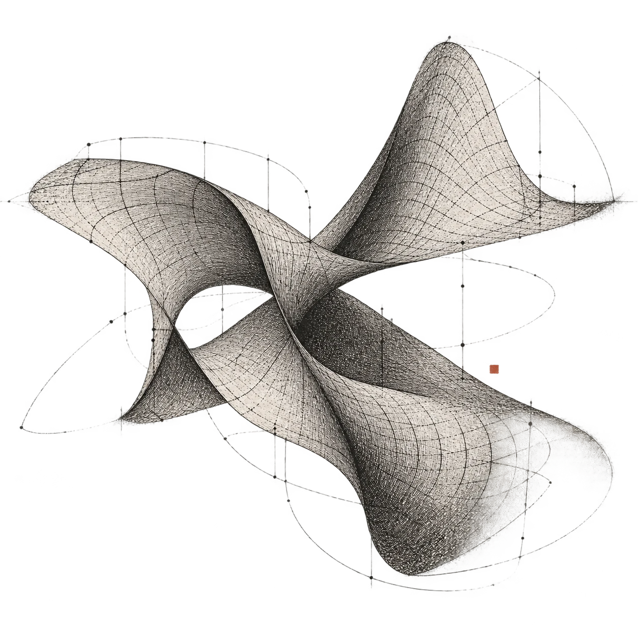 Hand-plotted folded mathematical surface with dense ink hatching and survey marks
